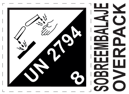 [150x110 Clase 8 + 2794 + overpack] ETIQUETA BOBINA 150X110 MM CLASE 8+  UN 2794 + SOBREEMBALAJE/OVERPACK 
